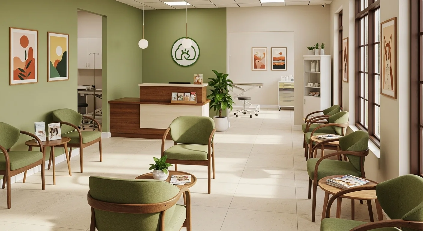 Professional veterinary clinic environment with warm lighting and modern equipment